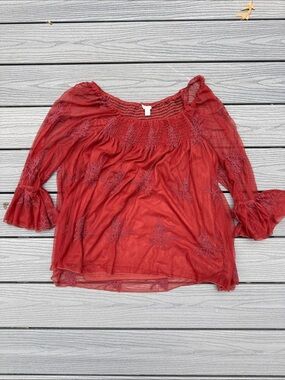 Cato Burnt Red Embroidered Peasant Tunic